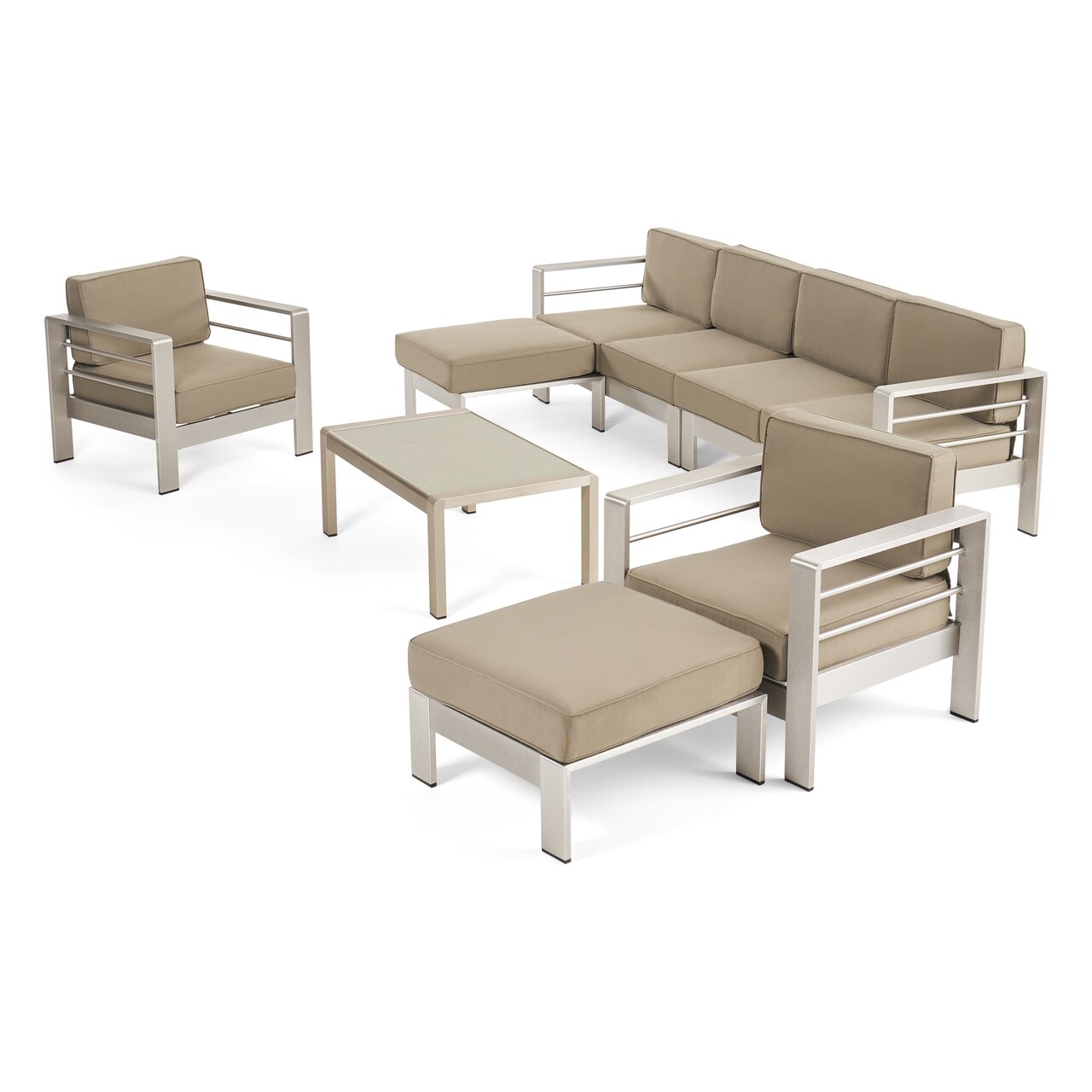 Contemporary Home Living 7-Piece Silver Contemporary Outdoor Furniture Patio Sectional Sofa Set - Brown Cushions